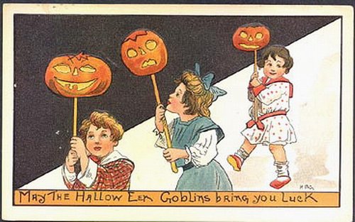 Vintage Halloween Greeting Card with Jack-o'-Lanterns & Children