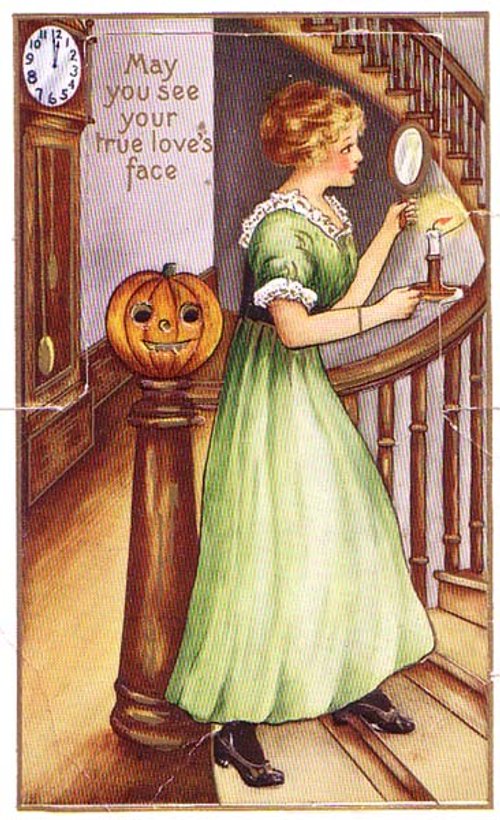 Edwardian Halloween Greeting Card - Woman Mirror Jack-o'-Lantern