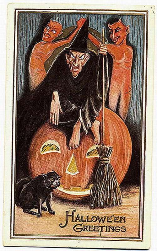 Vintage Halloween Greeting Card Witch Devil Demons 1910s
