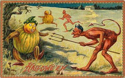 Vintage Halloween Greeting Card with Devil & Yellow Demon