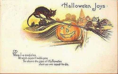 Vintage Halloween Joys Greeting Card Black Cat Owl Jack-O-Lantern