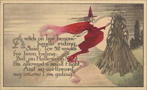 Vintage Halloween Witch on Broomstick Greeting Card, Early 1900s