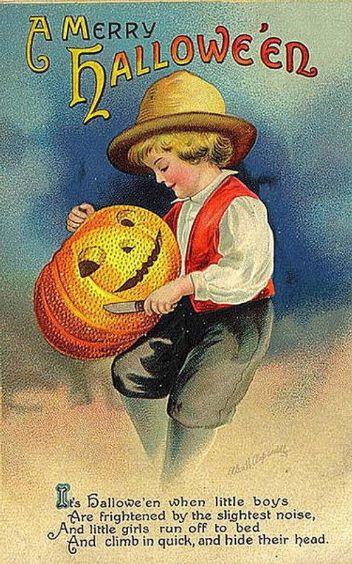 Vintage Merry Halloween Card Boy Jack-O-Lantern Pumpkin