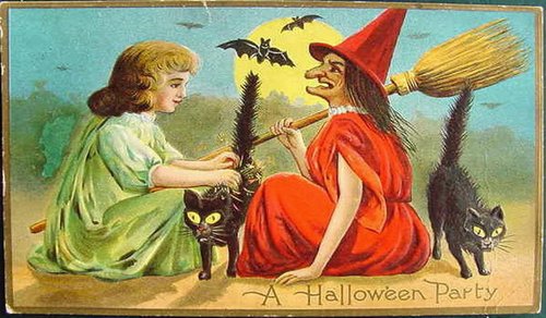 Vintage Halloween Party Greeting Card - Witch & Girl with Broom