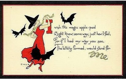 Vintage Halloween Witch Apple-Peel Fortune Greeting Card