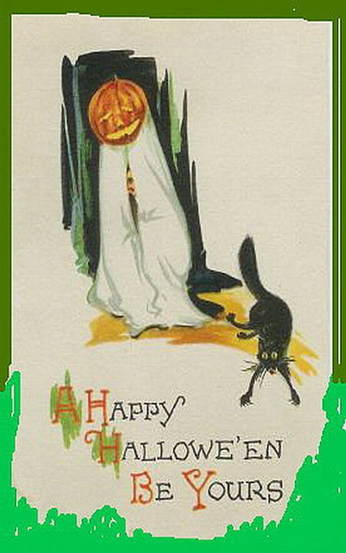 Vintage Halloween Greeting Card with Ghost and Black Cat