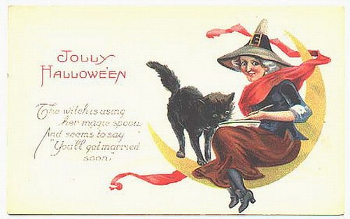 Jolly Halloween Witch on Crescent Moon Vintage Greeting Card