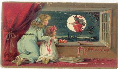 Victorian Halloween Greeting Card with Woman, Child & Witch on Moon