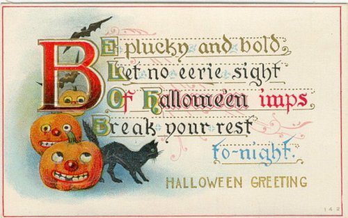 Vintage Halloween Greeting Card with Jack-o'-Lanterns and Black Cat