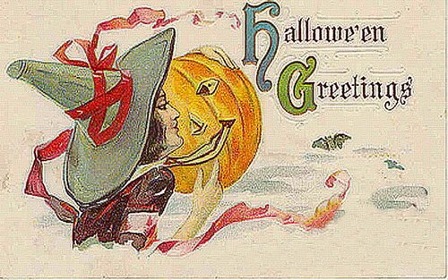 Victorian Halloween Greetings Postcard with Smiling Jack O'Lantern