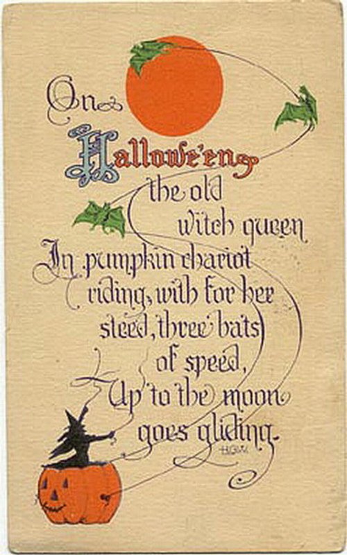 Vintage Halloween Greeting Card: Old Witch Queen on Pumpkin
