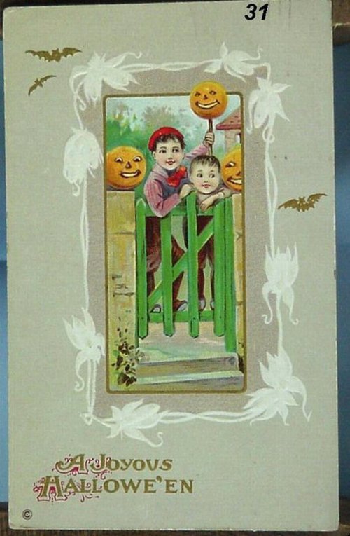 A Joyous Halloween Greeting Card - Vintage Jack-o'-Lantern Gate Scene