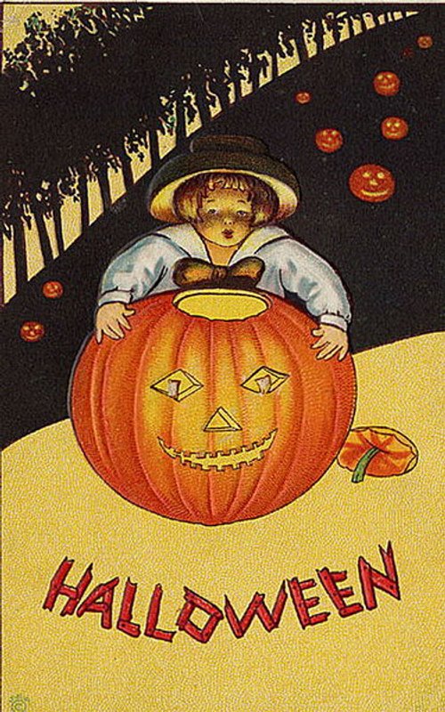 Vintage Halloween Greeting Card with Jack-o'-Lantern & Child