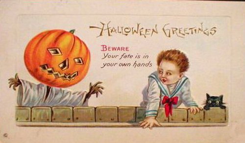 Vintage Halloween Greetings Card Jack-O-Lantern Child Black Cat