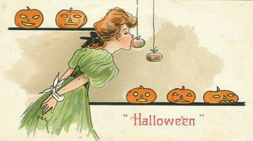 Vintage Halloween Greeting Card: Woman Apple Bobbing Jack-o'-Lanterns
