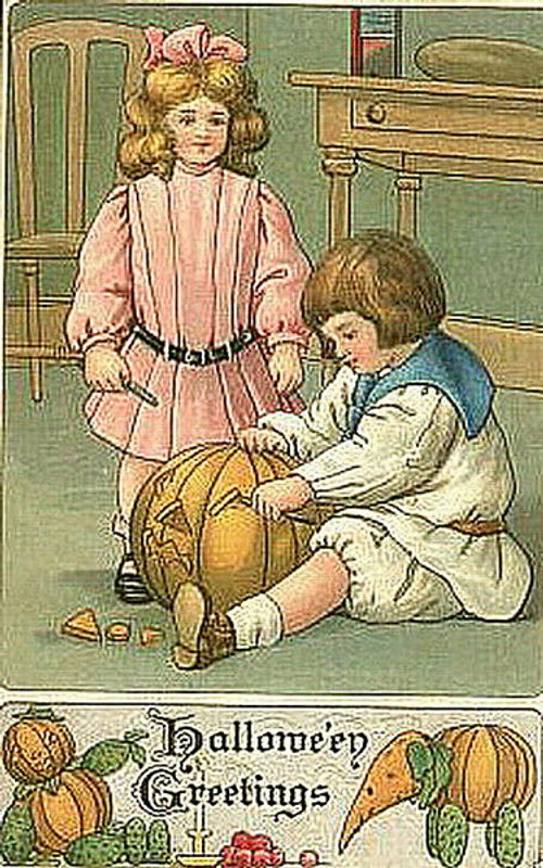 Vintage Halloween Greetings Card with Children & Pumpkins