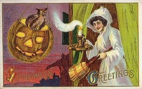 Vintage Halloween Greeting Card with Jack-o'-Lantern and Ghost Woman