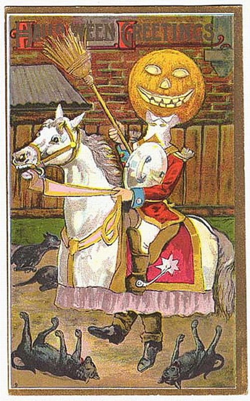 Vintage Halloween Greeting Card: Jack O'Lantern Rider on White Horse
