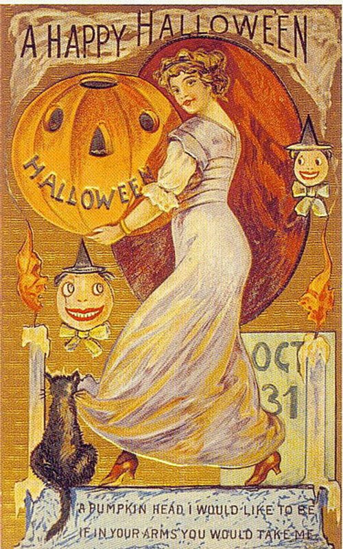 Victorian Halloween Greeting Card: Beautiful Woman with Jack-o'-Lantern