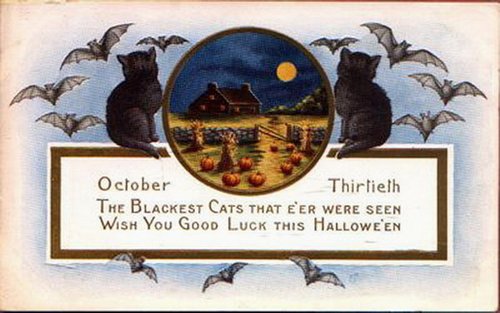 Vintage Halloween Greeting Card with Black Cats and Pumpkins
