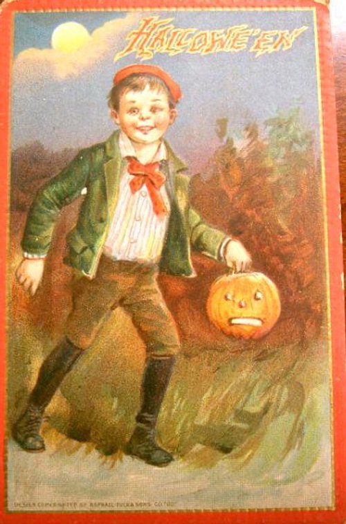 Vintage Halloween Greeting Card: Boy with Jack-o'-Lantern, 1900s