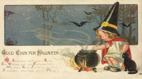 Victorian Halloween Greeting Card: Witch with Cauldron & Black Cat