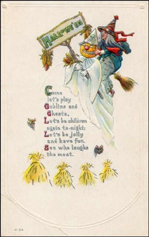 Vintage Halloween Witch Broomstick Greeting Card Art Nouveau