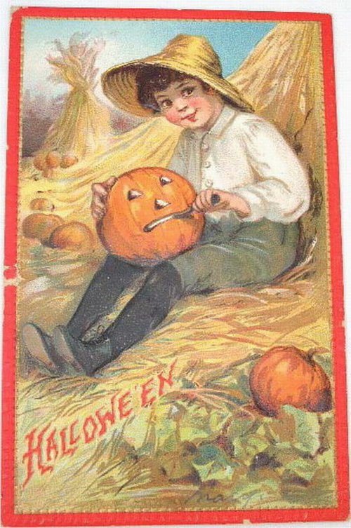 Vintage Halloween Greeting Card: Boy with Sad Jack-o'-Lantern, Early 1900s