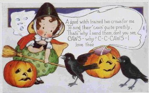 Vintage Halloween Witch Greeting Card with Talking Crows
