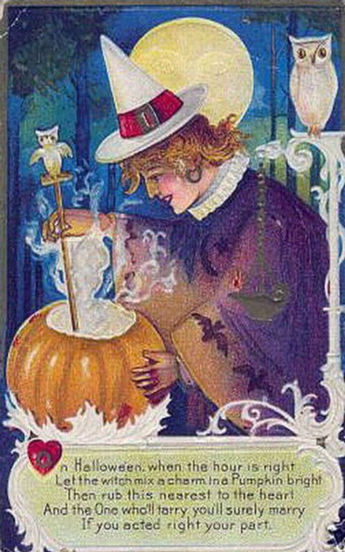 Vintage Halloween Greeting Card with Witch and Owls, Early 1900s