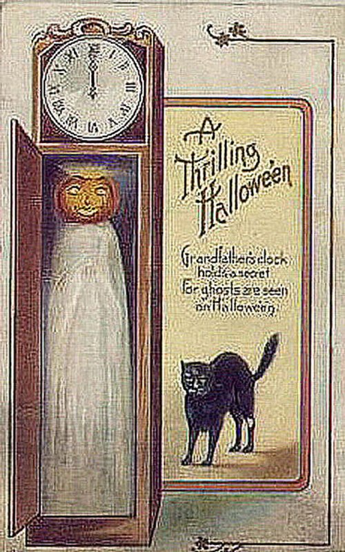 Thrilling Halloween Vintage Greeting Card with Clock Ghost