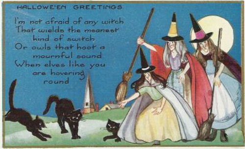 Vintage Halloween Greetings Card with Witches and Black Cats