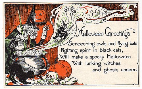 Vintage Halloween Greeting Card with Witch, Cauldron & Spooky Verse