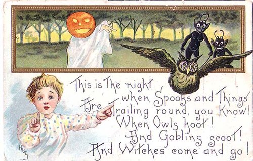 Vintage Halloween Greeting Card with Jack-o'-Lantern and Spooky Creatures
