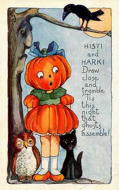 Vintage Halloween Pumpkin Head Girl Card Art Deco
