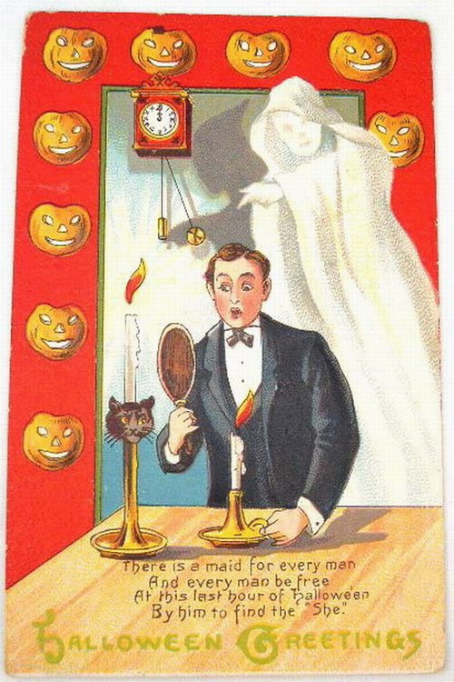 Vintage Halloween Greeting Card with Ghost & Jack-o'-Lanterns, Early 1900s