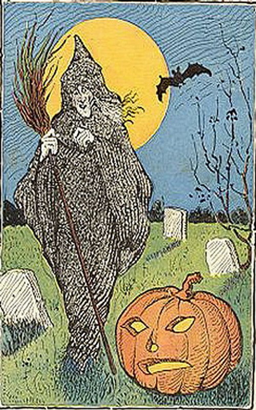 Vintage Halloween Greeting Card with Witch and Jack-O'-Lantern