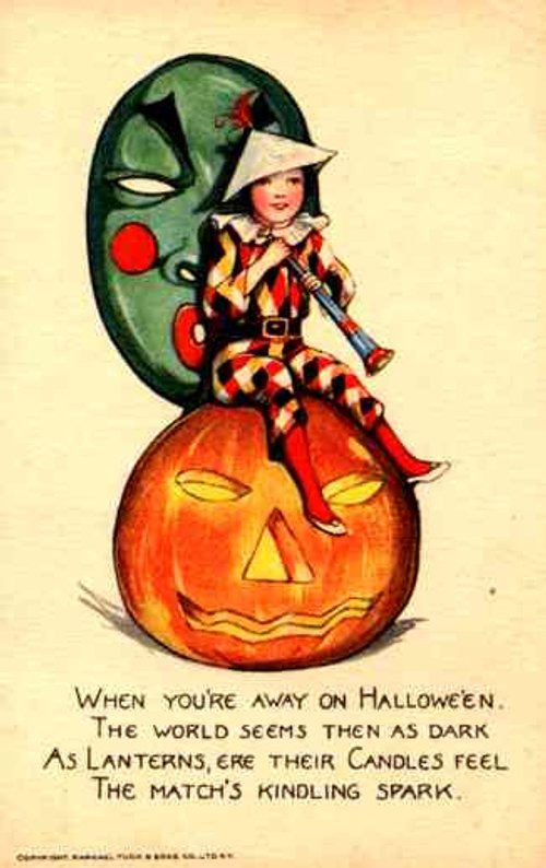Vintage Halloween Greeting Card with Harlequin/Jester Child and Jack-o'-Lantern, Early 1900s