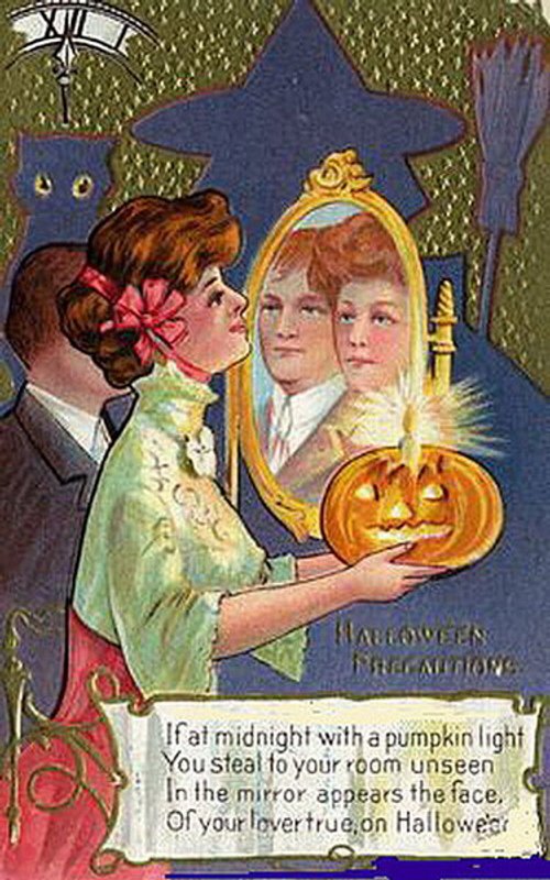 Victorian Halloween Precautions Card with Pumpkin Mirror Magic