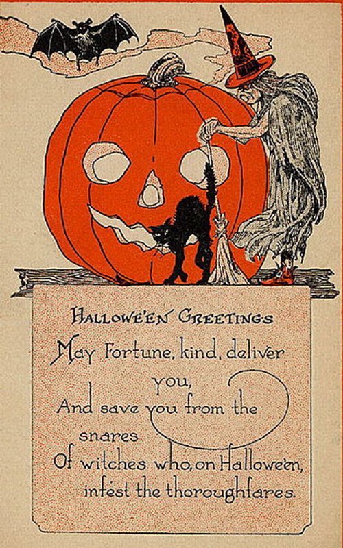 Vintage Halloween Greeting Card with Jack-o-Lantern & Witch