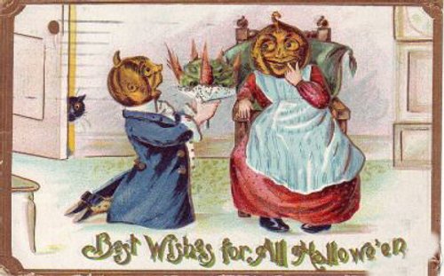 Victorian Halloween Greeting Card with Jack-o'-Lantern Characters