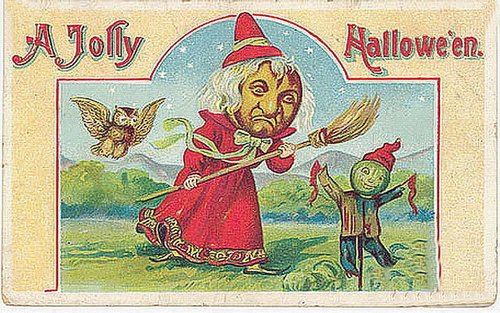 Vintage 'Jolly Halloween' Witch & Scarecrow Greeting Card