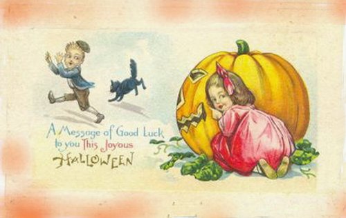 Vintage Halloween Greeting Card with Giant Pumpkin & Children