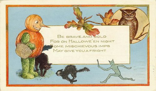 Victorian Halloween Greeting Card with Pumpkin Imp & Owl
