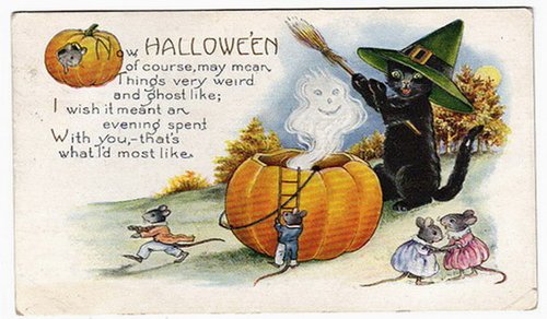 Vintage Halloween Greeting Card with Ghost, Witch & Giant Pumpkin