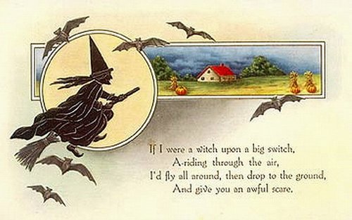 Vintage Halloween Witch Greeting Card with Broom & Bats