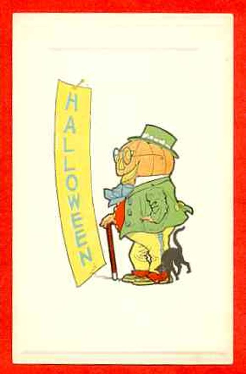 Vintage Halloween Greeting Card with Cheerful Pumpkin Man in Green