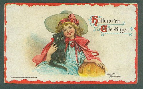 Victorian Halloween Greetings Card with Girl, Black Cat & Pumpkin