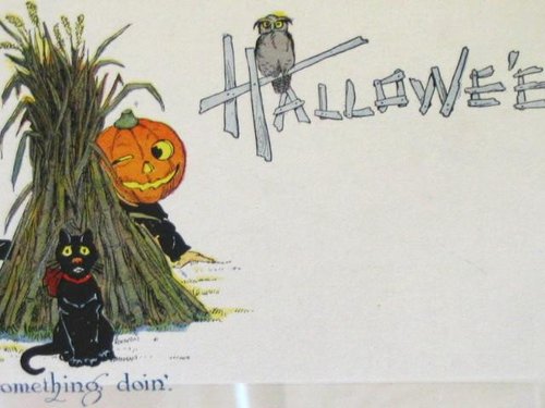 Vintage Halloween Greeting Card - Black Cat & Jack-o'-Lantern