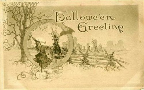 Vintage Halloween Greeting Card Victorian Era Witch Moon Design